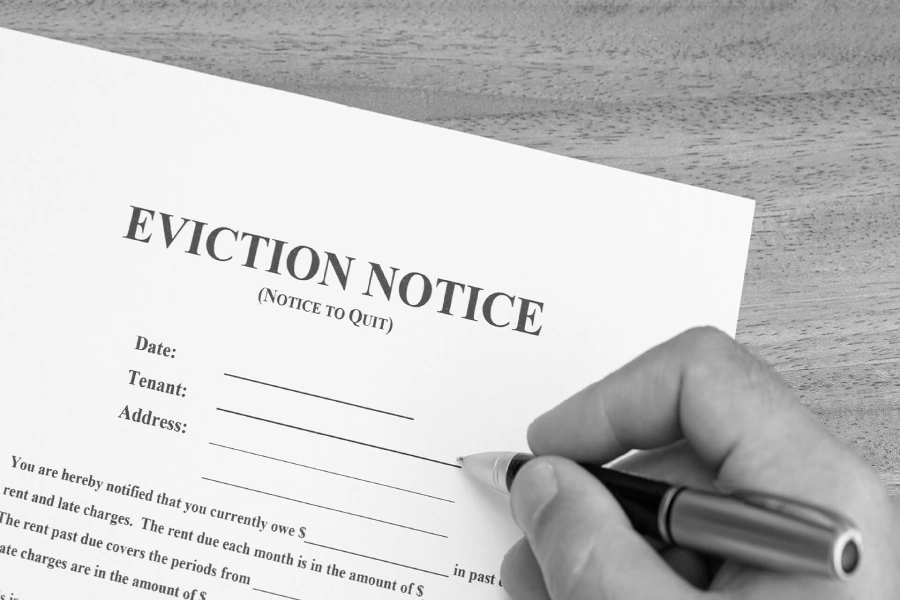 Tenant reviewing eviction notice as a formal warning from landlord